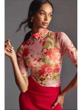 Anthropologie Pink Red Floral Mesh Mock Neck Half Sleeve Top, Medium, Romantic